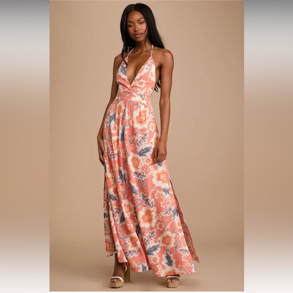 NWT Annalisa Coral Multi Floral Print Halter Maxi Dress
